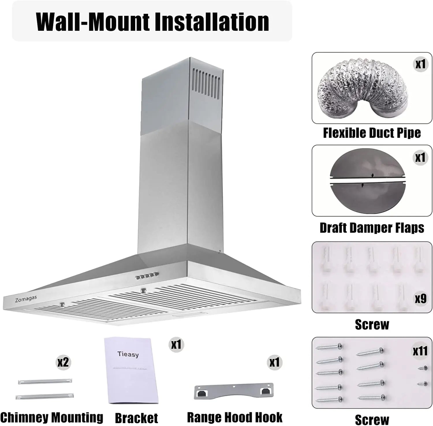 24 Inch Range Hood, Wall Mount Vent Hood in Stainless Steel 3 Speed Exhaust Fan, Energy Saving LED Light, Push Button Control