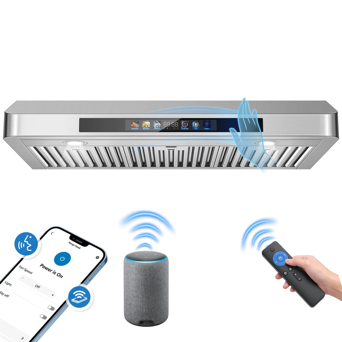 Tieasy Under Cabinet Range Hood 36 Inch, 900 CFM  Voice/Gesture/Remote/Touch Control, Memory Function