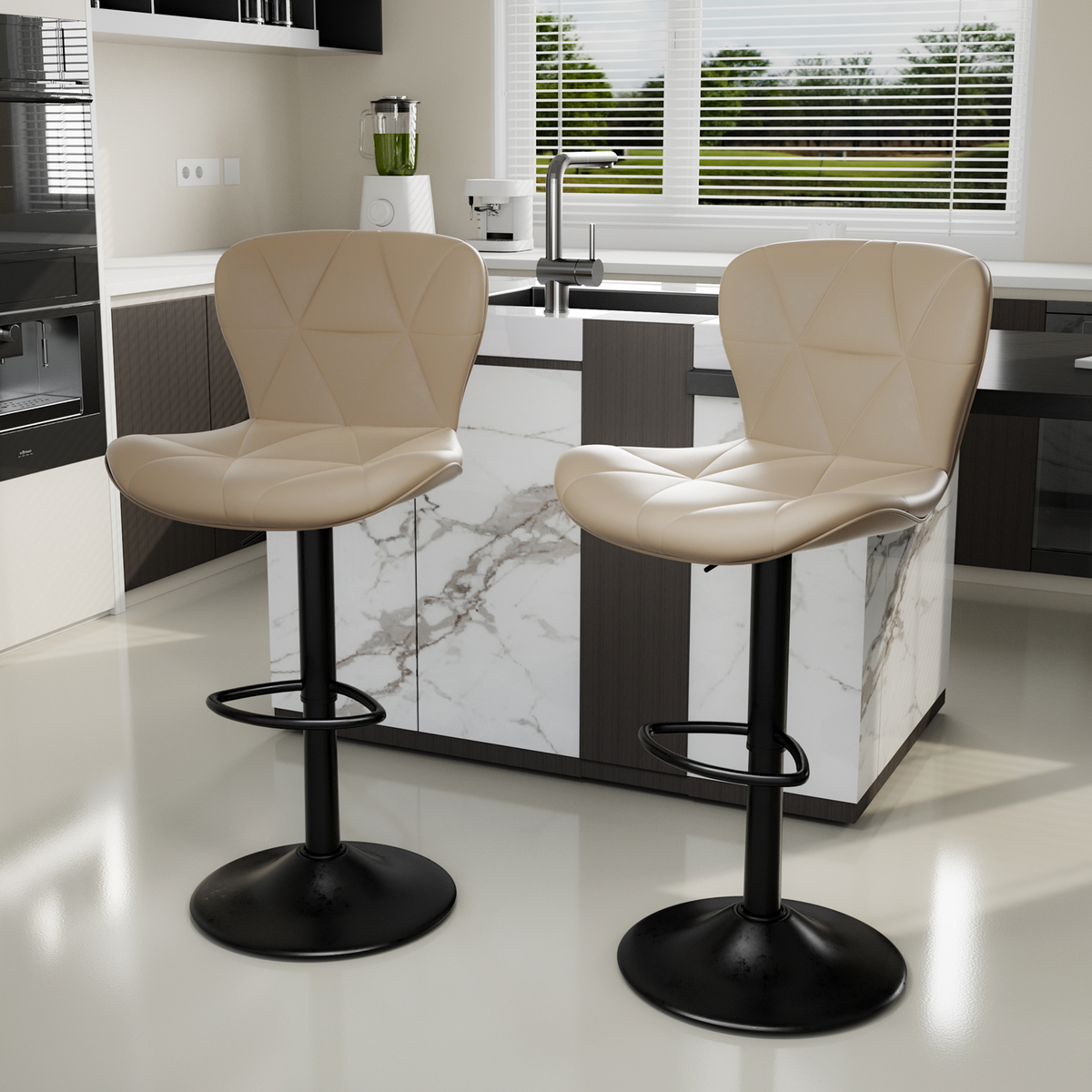 Modern Outdoor Adjustable Swivel PU Faux Leather Upholstered Iron Frame Counter Height High Backrest Home Bar Kitchen Island (Set of 2)