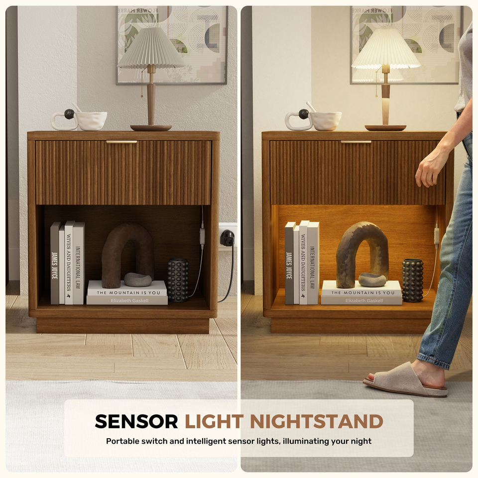 Multi-Functional Modern Eco-Friendly Wooden Nightstand Sensor LED Lights Charging Ports Open Storage Fluted Bedroom Furniture (Set of 2)