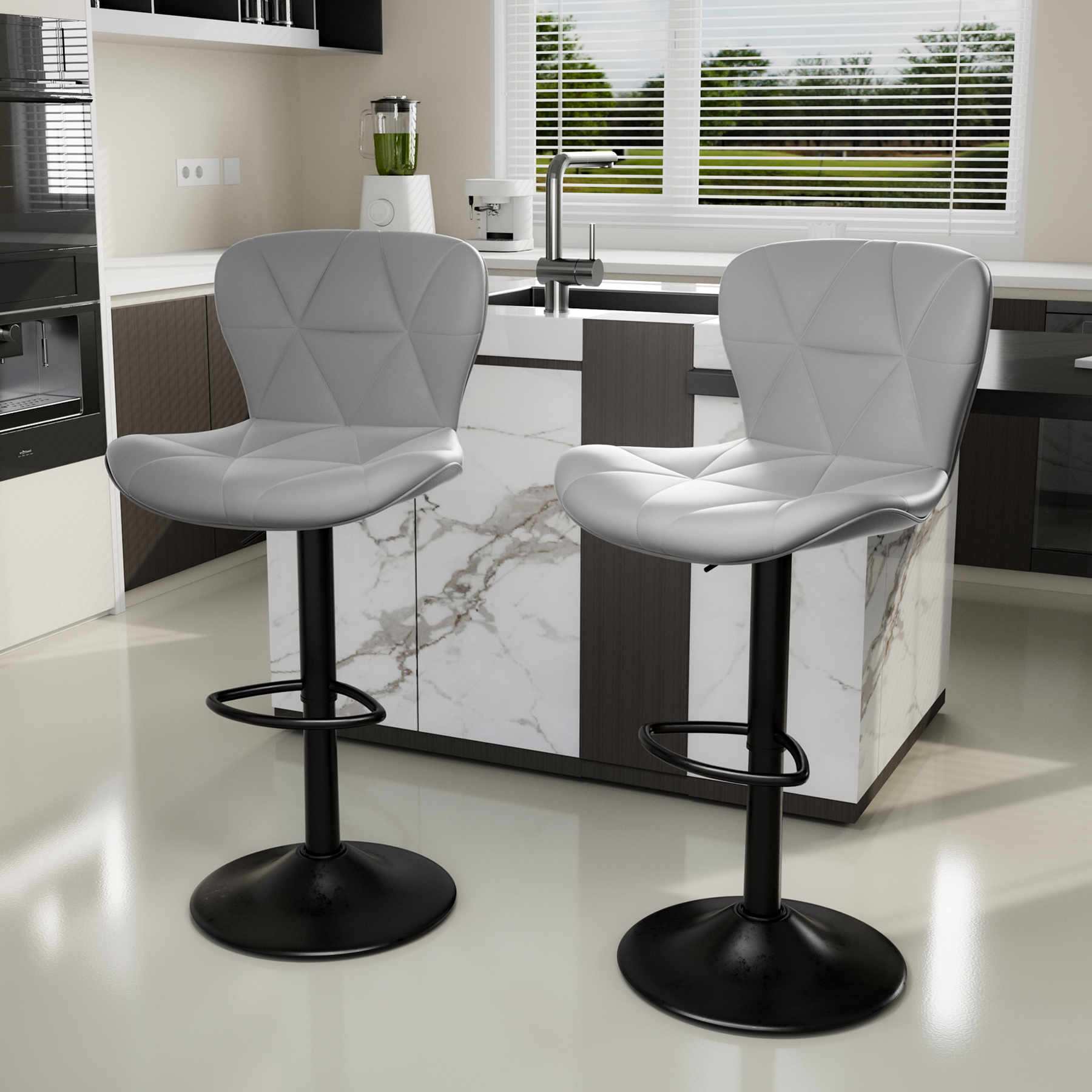 Height Adjustable PU Leather Iron Frame Modern Steady Bar Stool Swivel Diamond Stitching Design Kitchen Counter Chair Home Bar (Set of 2)