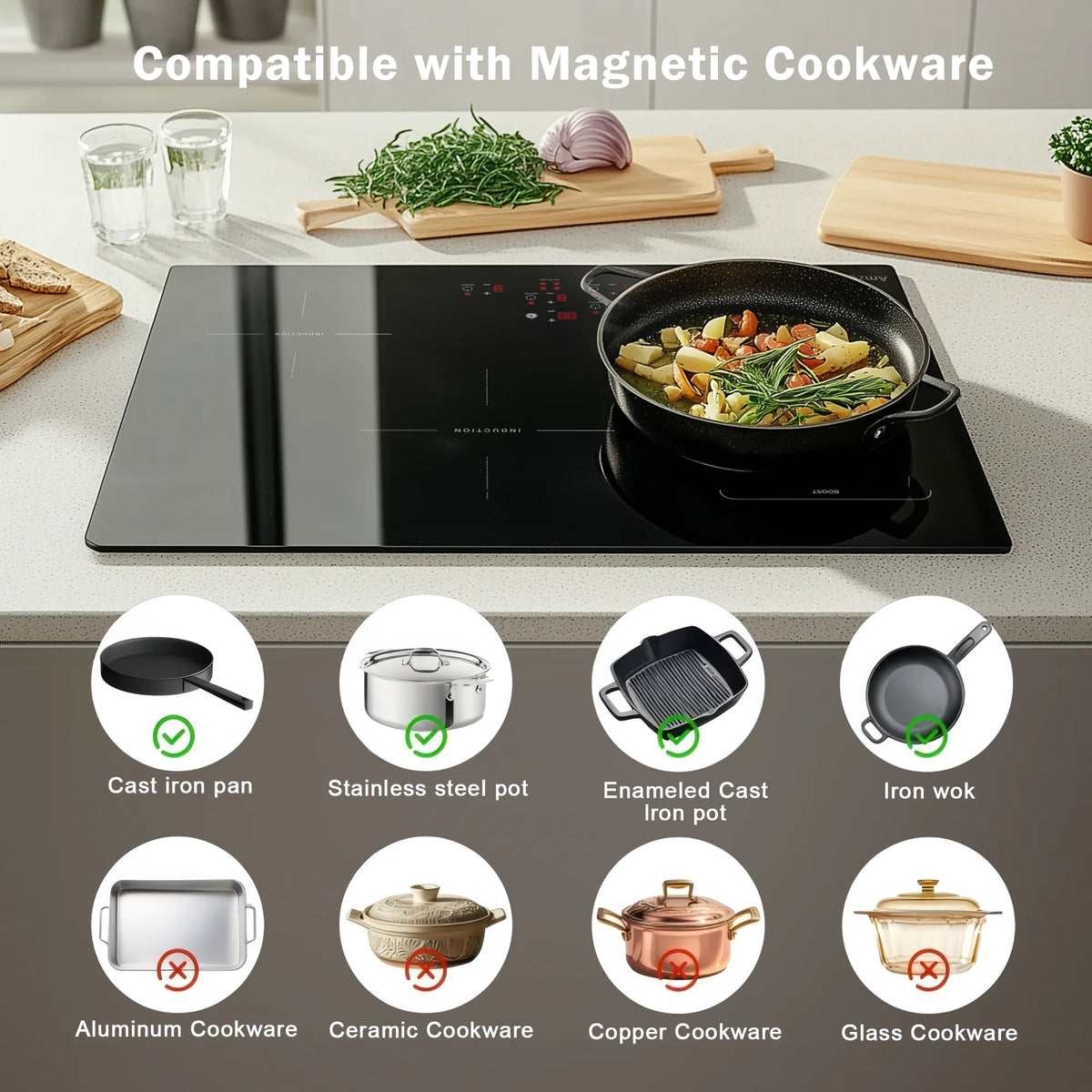 30 Inch Induction Cooktop - 4 Burner Built-In Electric Stove with Bridge-SYNC, Booster, Timer & Child Lock | 9000W  Black Glass