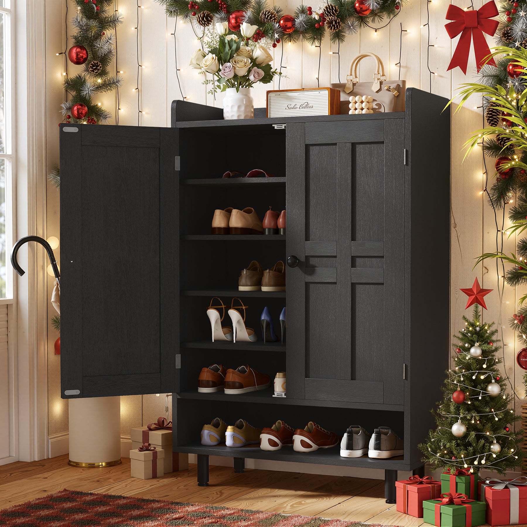 Modern eco-friendly wood shoe storage cabinet with 6 tiers and adjustable shelves