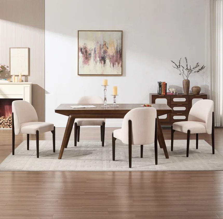 Stock Modern Upholstered Dining Chairs Set of 2 Beige Fabric with Solid Wood Legs Ergonomic Backrest for Kitchen Dining Room