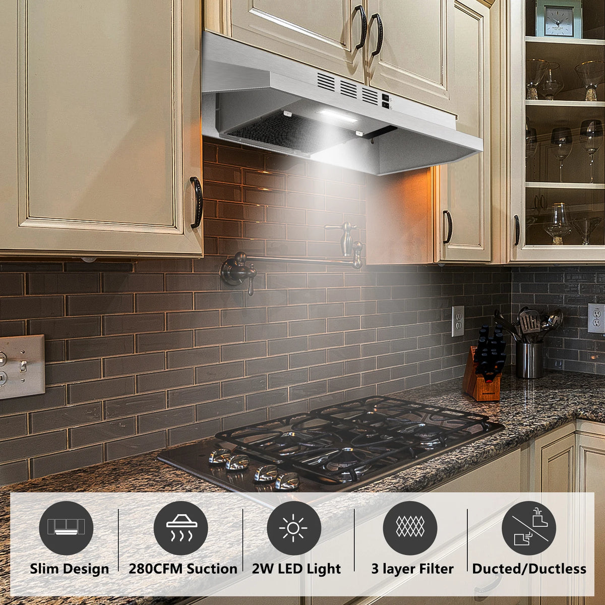 Range Hood 30 Inch Under Cabinet, Stainless Steel Kitchen Vent Hood 280CFM, Built-in Kitchen Stove Hood W/Rocker Button Control