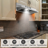 Range Hood 30 Inch Under Cabinet, Stainless Steel Kitchen Vent Hood 280CFM, Built-in Kitchen Stove Hood W/Rocker Button Control