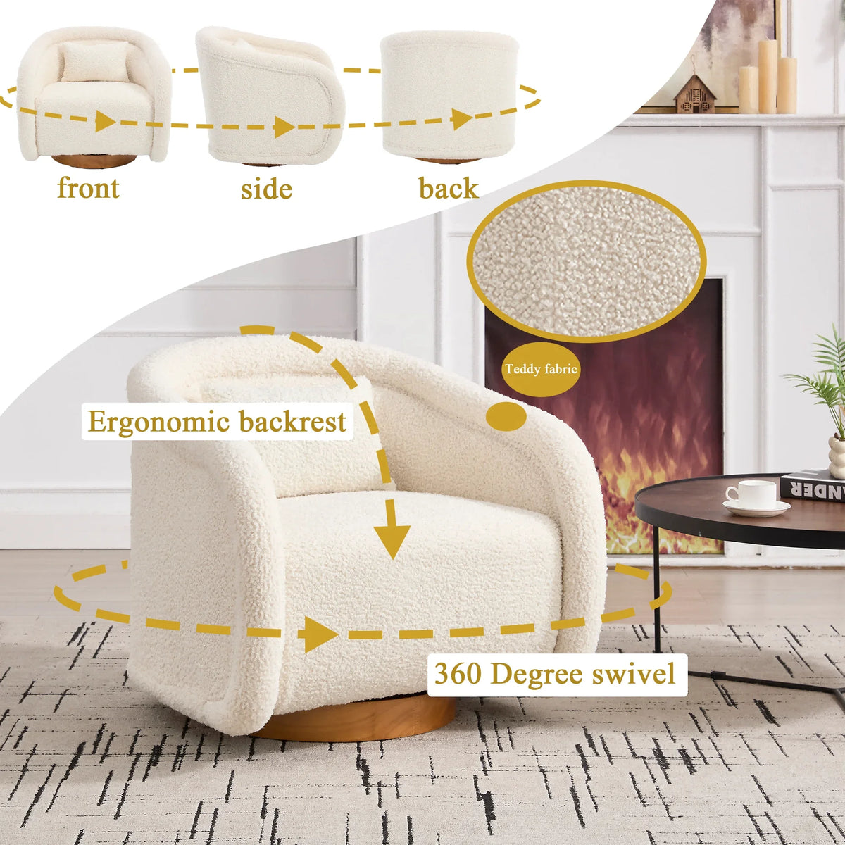Modern Beige Teddy Fabric Round 360 Degree Swivel Barrel Accent Arm Chair with Padded Seat and Wooden Base for Cozy Living Rooms