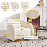 Modern Beige Teddy Fabric Round 360 Degree Swivel Barrel Accent Arm Chair with Padded Seat and Wooden Base for Cozy Living Rooms