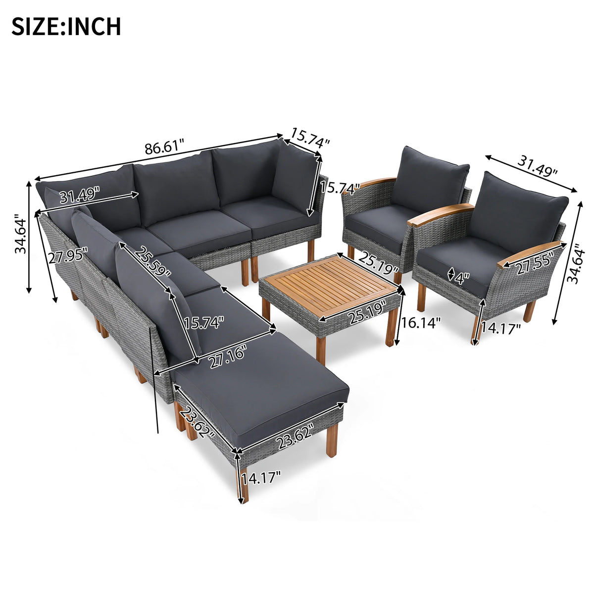 9-Piece Rattan Patio Outdoor Furniture Sectional Conversation Set