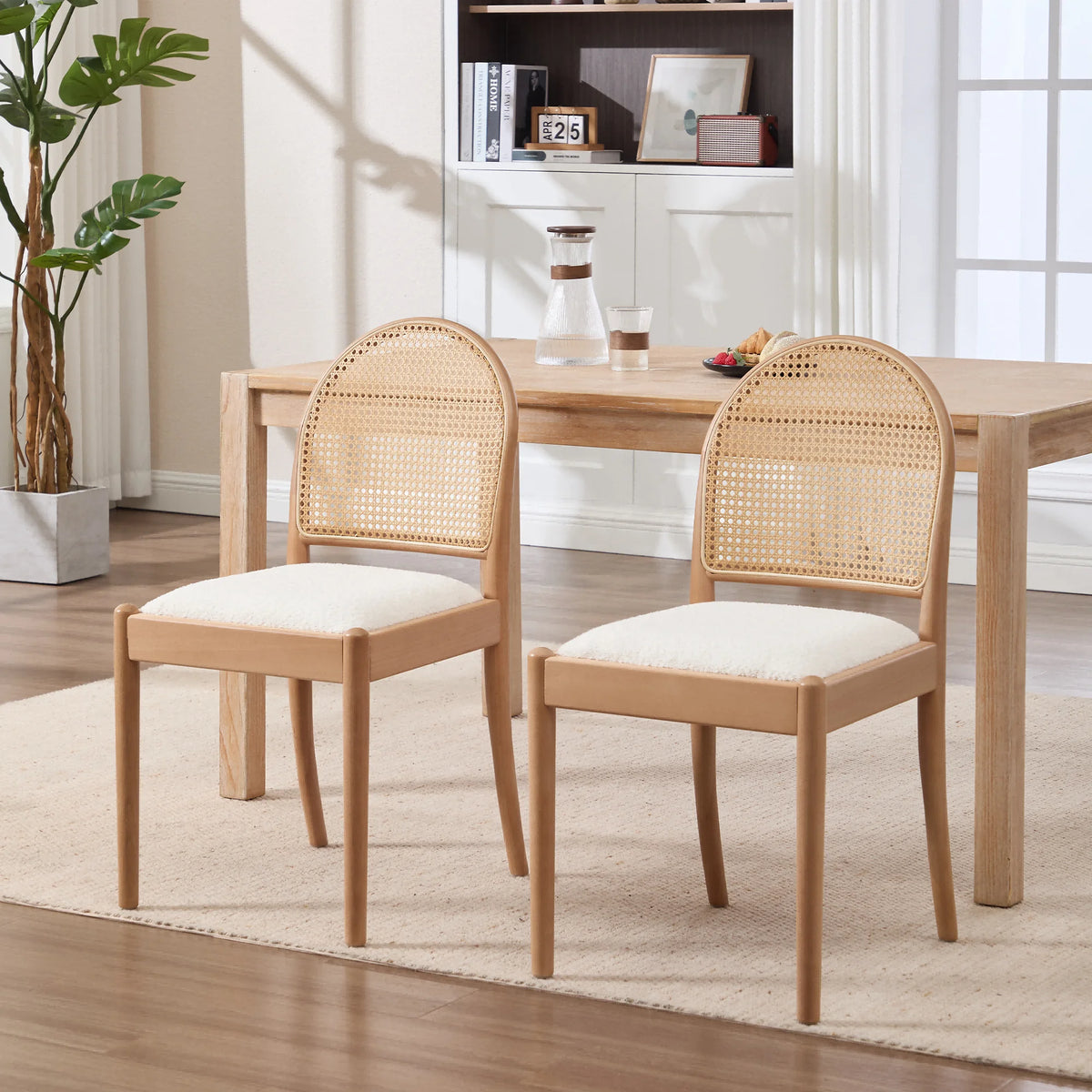 Modern Upholstered Chenille Seat Ergonomic Backrest with Wood Legs Rattan Dining Chairs Set of 2 for Kitchen Restaurant Home