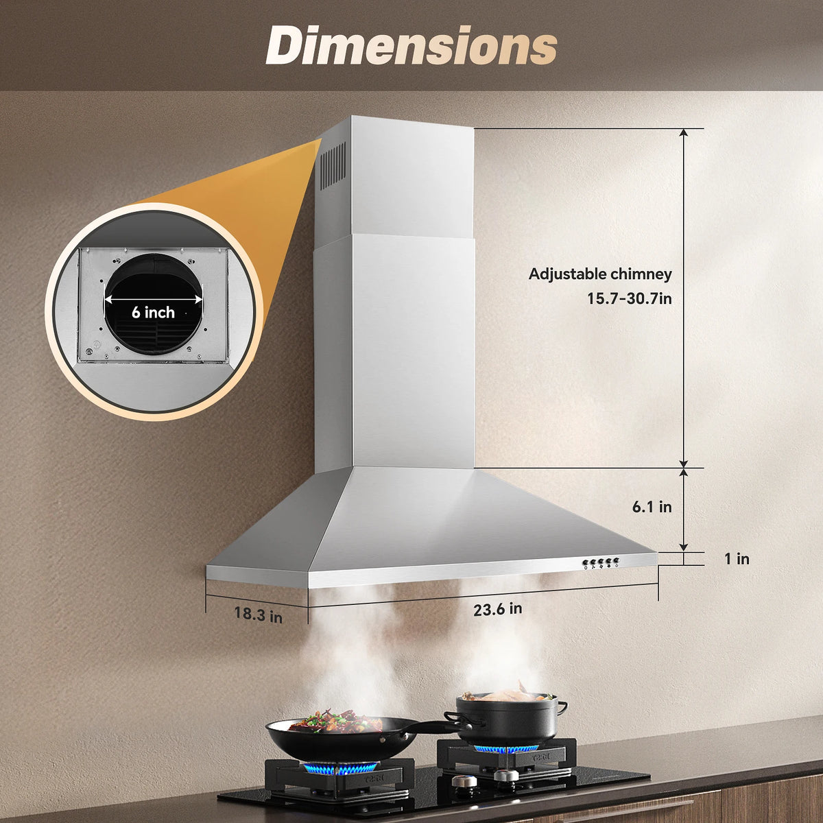 24 Inch Range Hood,Stainless Steel Oven Vent Hood,Wall Mount Kitchen Hood ,Push Button Control,3-speed Fan