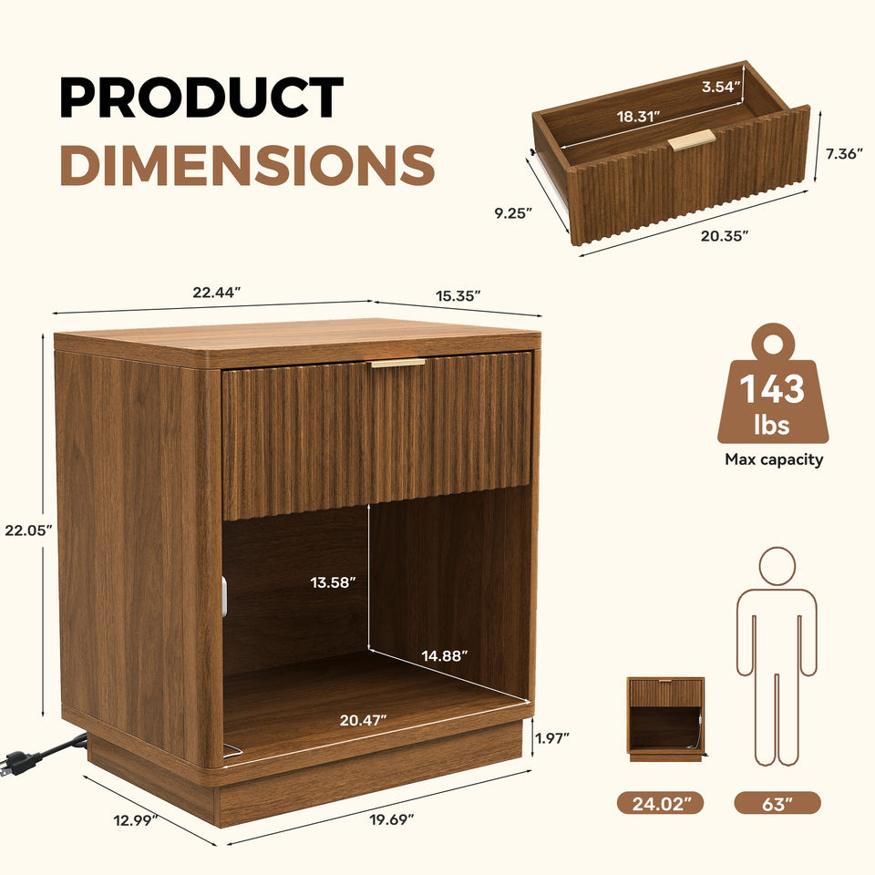 Multi-Functional Modern Eco-Friendly Wooden Nightstand Sensor LED Lights Charging Ports Open Storage Fluted Bedroom Furniture (Set of 2)