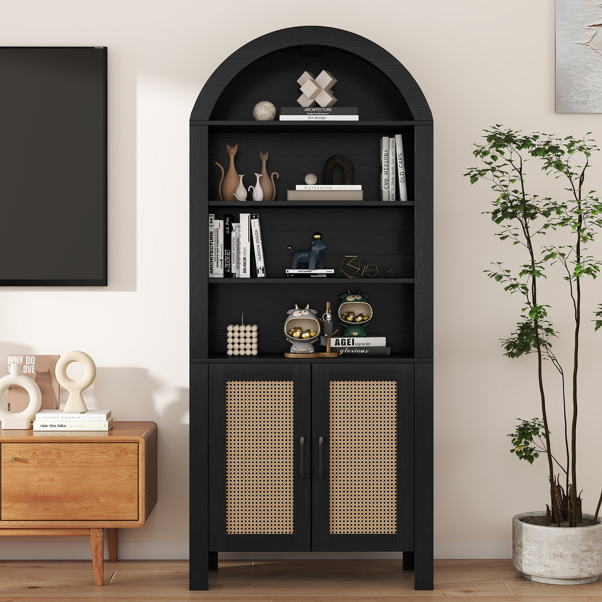 Arched Modern Eco-Friendly Durable Wood Multifunction Bookshelf Rattan Doors Adjustable Shelves Tall Ample Storage Display