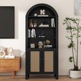 Arched Modern Eco-Friendly Durable Wood Multifunction Bookshelf Rattan Doors Adjustable Shelves Tall Ample Storage Display