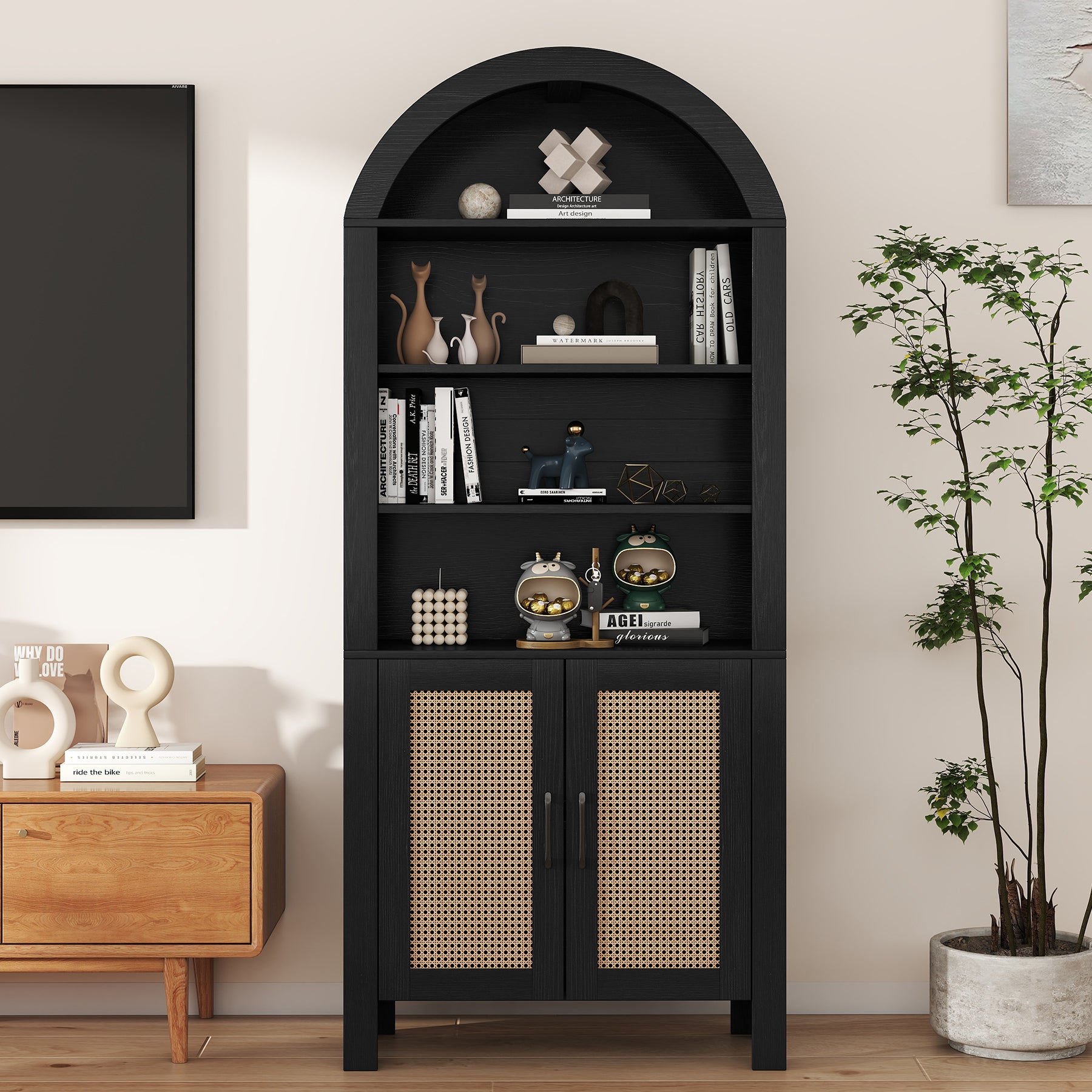 Arched Modern Eco-Friendly Durable Wood Multifunction Bookshelf Rattan Doors Adjustable Shelves Tall Ample Storage Display