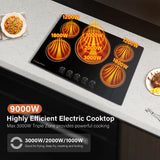 30 Inch Built-in Electric Cooktop with Expandable Triple Ring Burners, 5 Burner 9000W Ceramic Stove Top - Easy Knob Controls