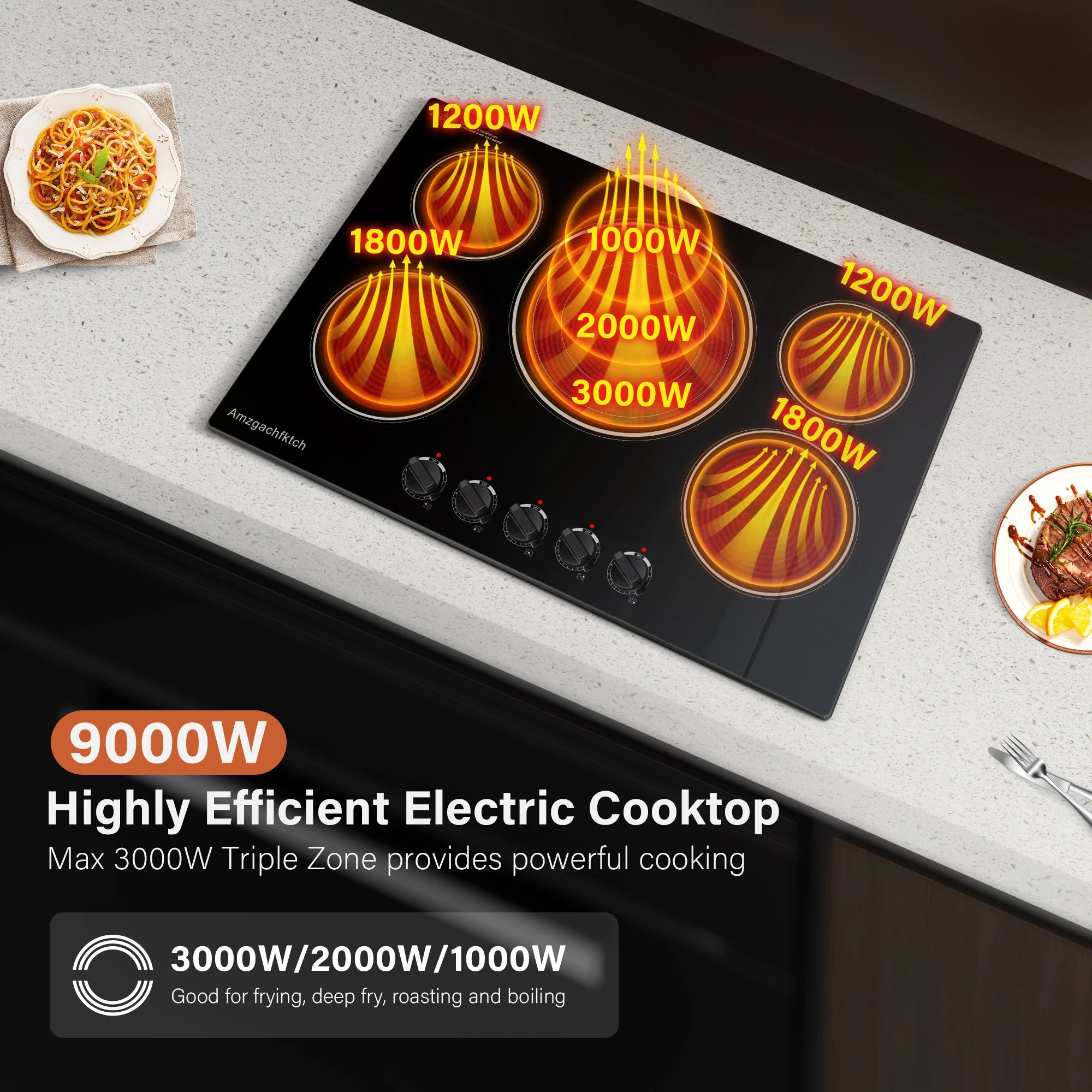 30 Inch Built-in Electric Cooktop with Expandable Triple Ring Burners, 5 Burner 9000W Ceramic Stove Top - Easy Knob Controls