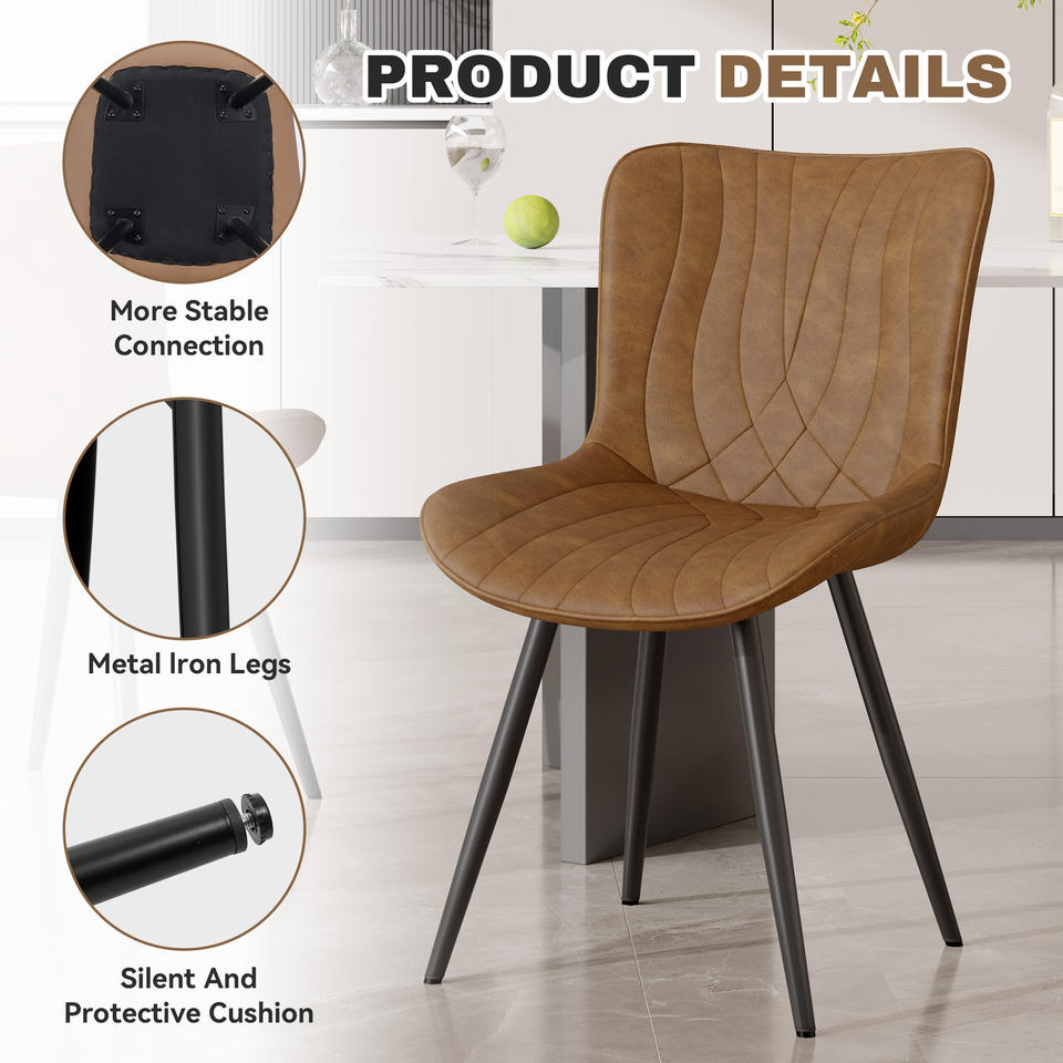 Stylish Modern PU Leather Quilted Texture Soft Dining Chair Upholstered Sturdy Metal Legs Waterproof Restaurant Furniture (Set of 4)