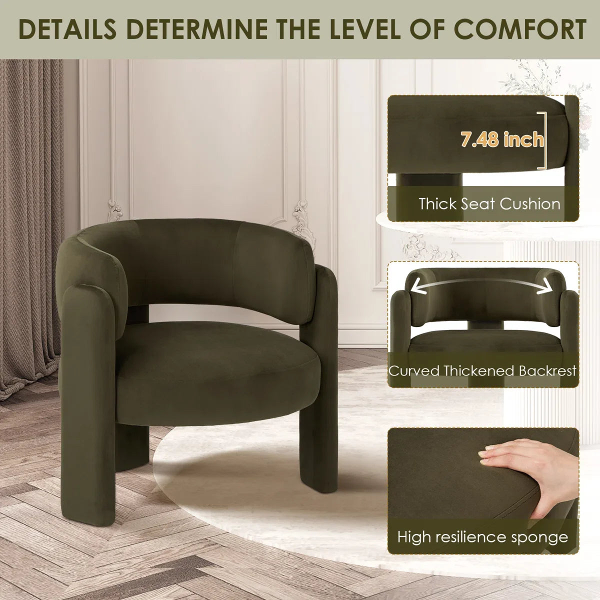 Modern Arm Chair Stock Green Velvet Fabric Accent Chair Wood Frame Ergonomic Wingback Leisure Chair Living Bedroom Furniture