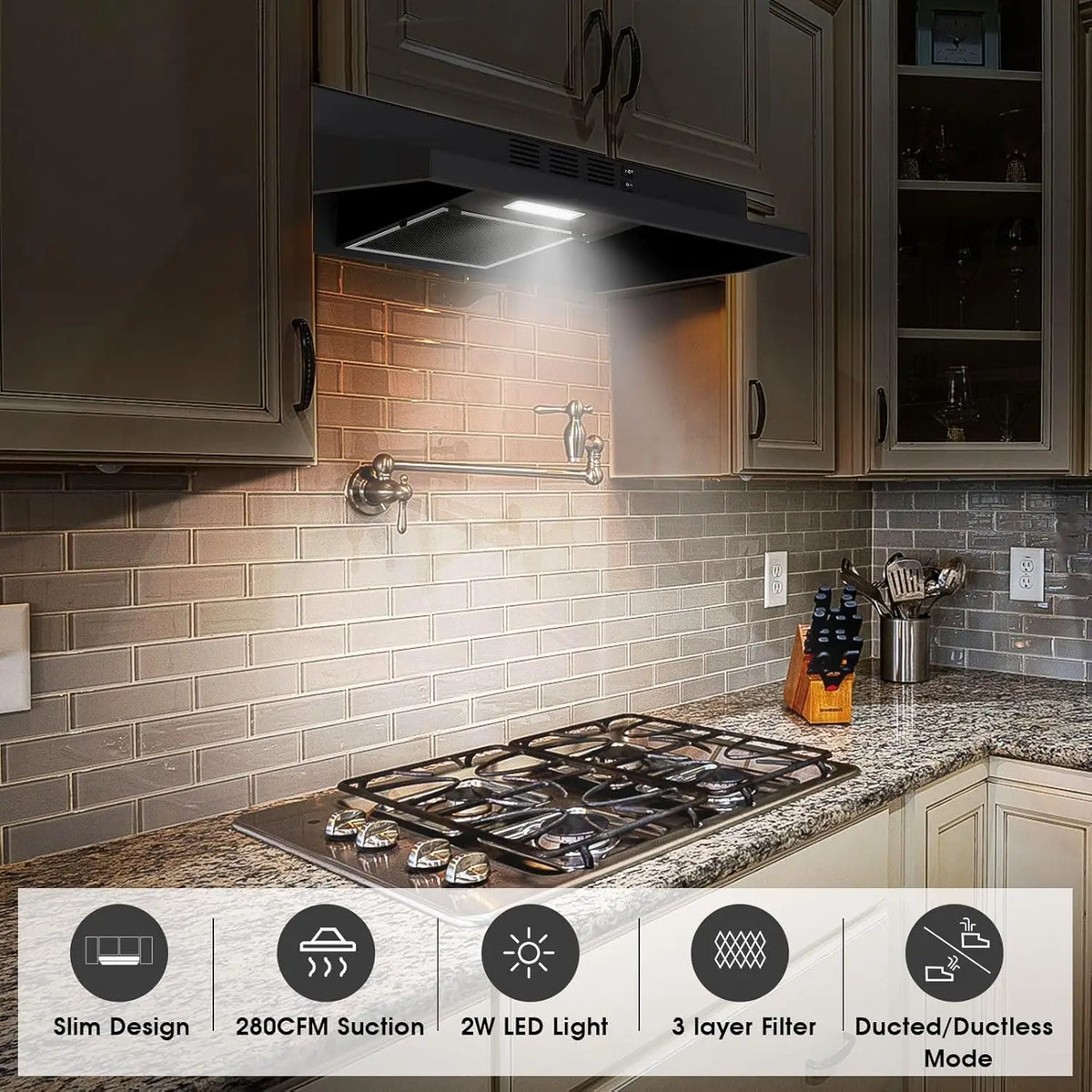 Range Hood 30 Inch Under Cabinet, Stainless Steel Kitchen Vent Hood 280CFM, Built-in Kitchen Stove Hood W/Rocker Button Control