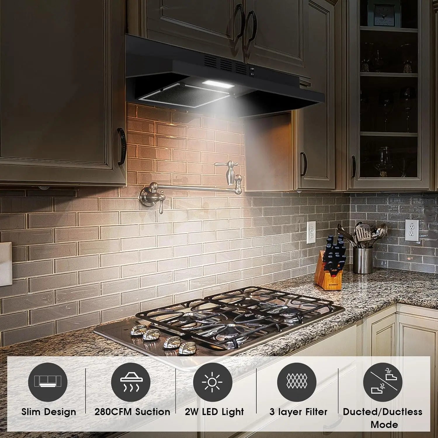 Range Hood 30 Inch Under Cabinet, Stainless Steel Kitchen Vent Hood 280CFM, Built-in Kitchen Stove Hood W/Rock - view 5