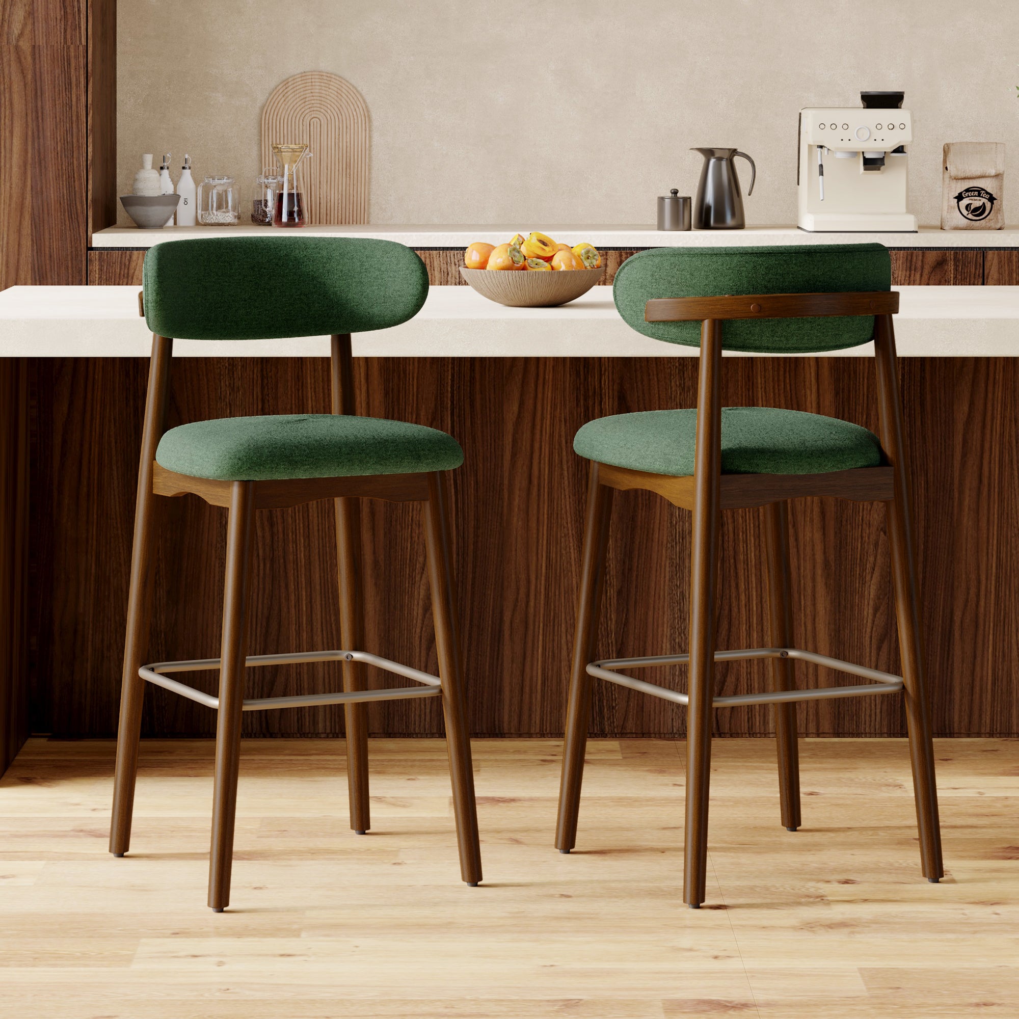Modern Steady Metal Counter Height Bar Stools with Rubber Wood Legs Ergonomic Backrest for Home Bar Dining Room & Outdoor Use (Set of 2)