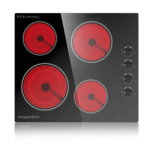 24inch Built-In 4 Burner Electric Cooktop, Dual-Ring Burners, 6700W Radiant Stove Top with Knob Control,Cerami
