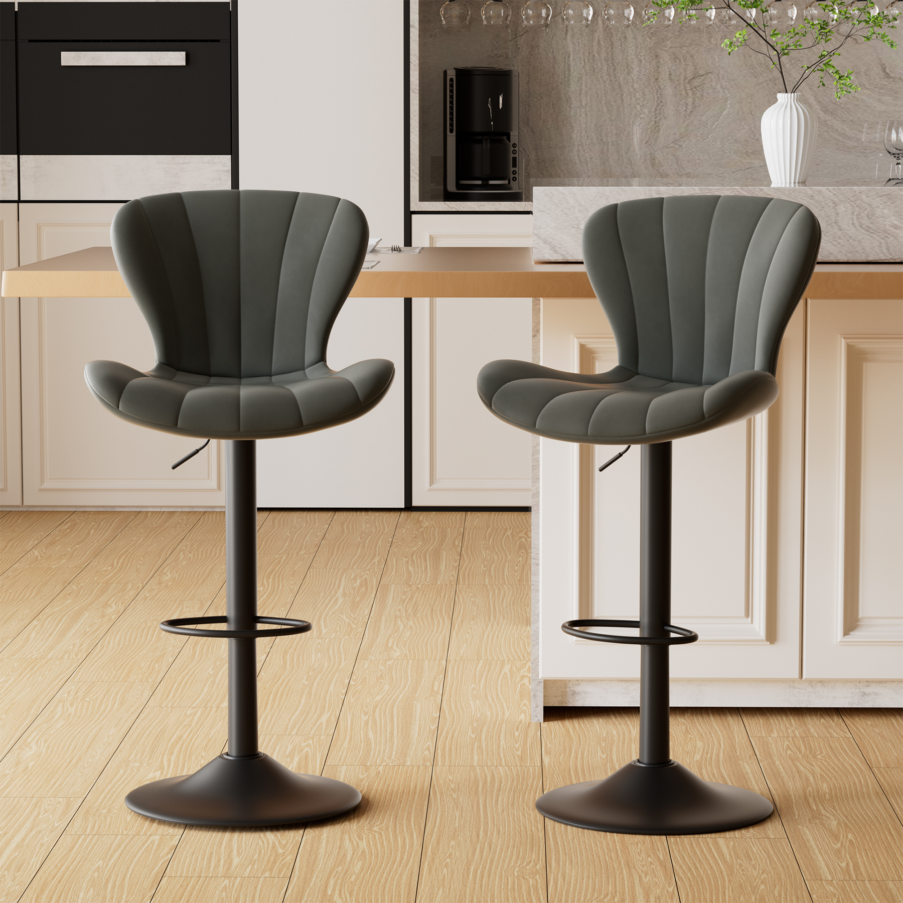 Modern Swivel Steady Bar Stools with Adjustable Fabric Seat and Footrest for Home Bar Counter Height (Set of 2)