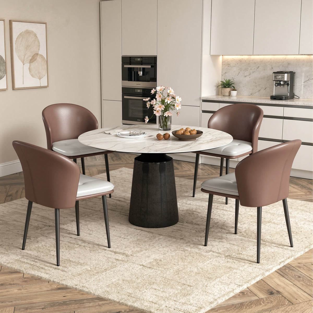 Modern Ergonomic Lightweight PU Leather Upholstered Waterproof Stable Dining Chair Curved Backrest for Home Dining Living Rooms (Set of 4)