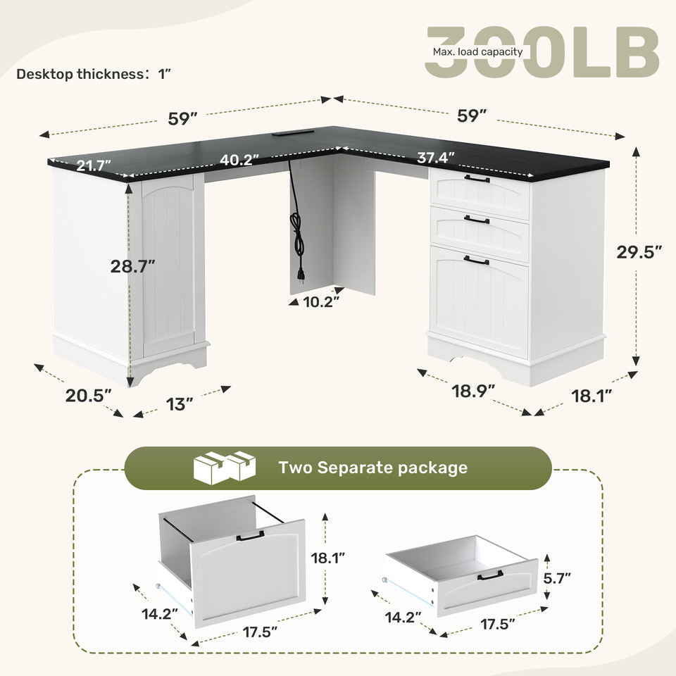 Modern L-Shaped Office Desk with USB Charging Drawers & File Cabinet Easy Assembly for Home & Office