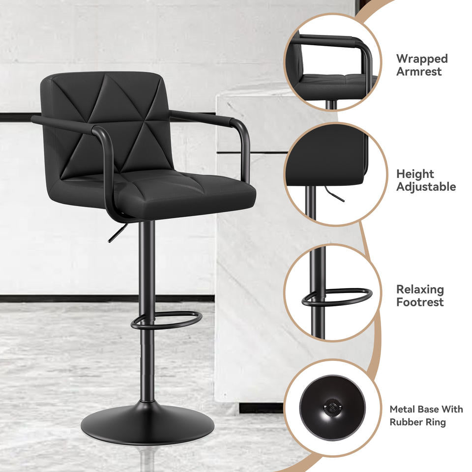Modern Outdoor Home Bar Hotel Bar Stools Adjustable Height Swivel PU Leather Upholstered Iron Frame Square Counter Height (Set of 2)