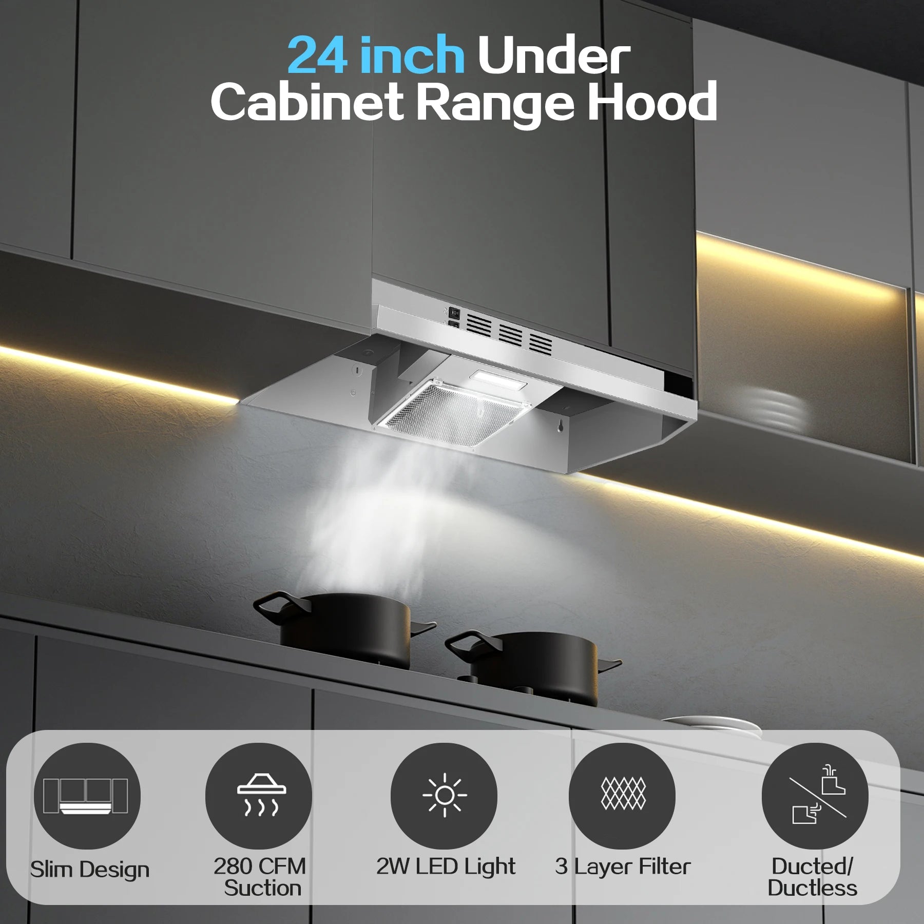 24 Inch Range Hood Under Cabinet, Stainless Steel Kitchen Hood 280CFM, Ducted/Ductless Vent Hood with Rocker Button Control