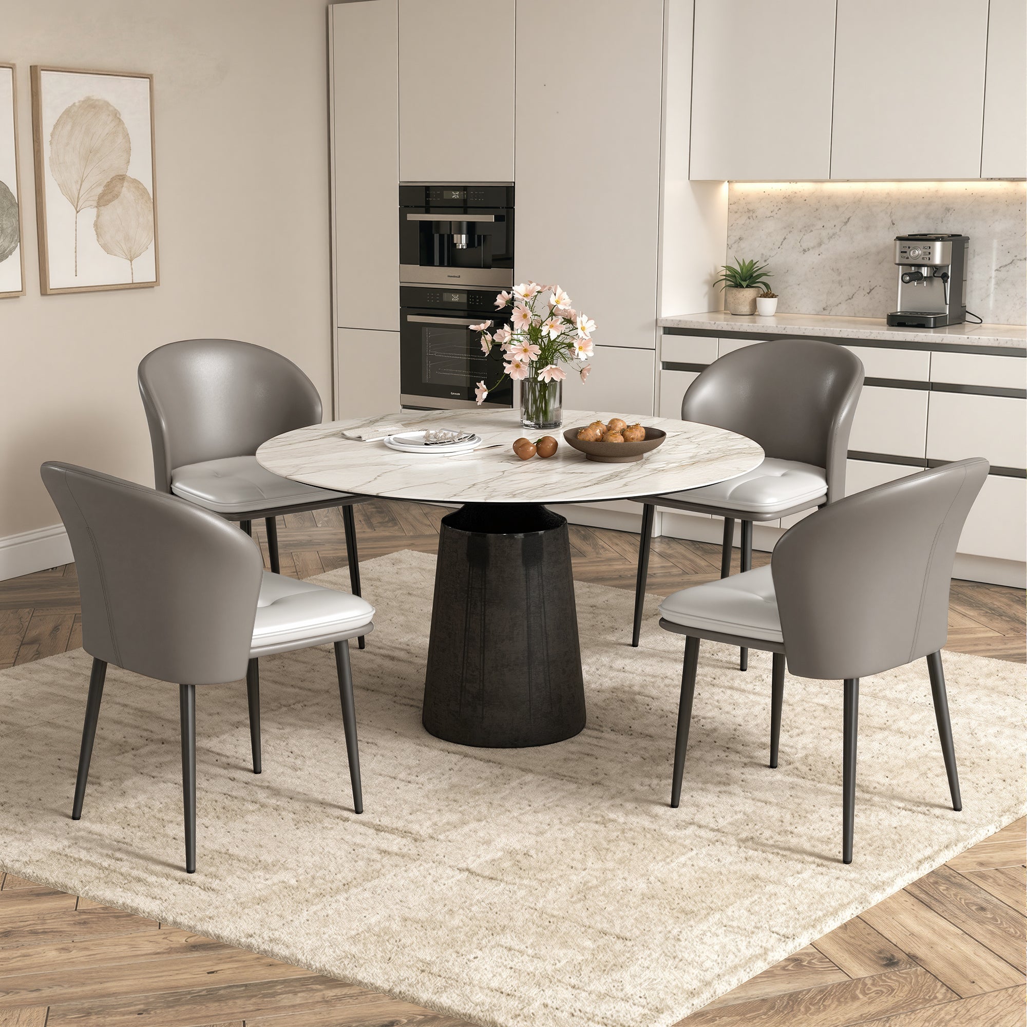 Modern Ergonomic Lightweight PU Leather Upholstered Waterproof Stable Dining Chair Curved Backrest for Home Dining Living Rooms (Set of 4)