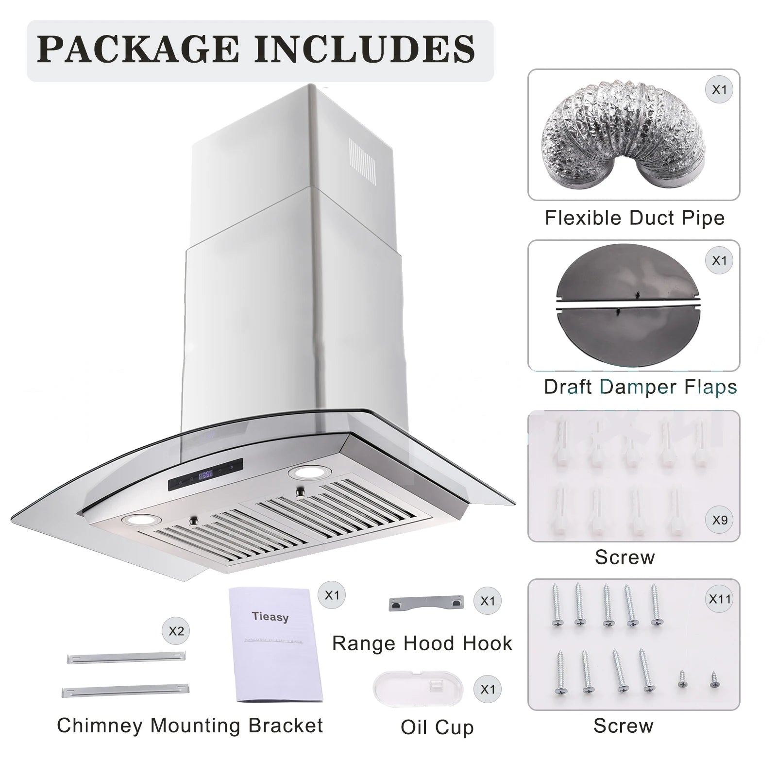 Range Hood 30 Inch, Tieasy Wall Mount Kitchen Hood with Ducted/Ductless Convertible Duct, Tempered Glass,Touch - view 5
