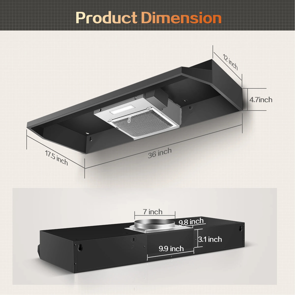 Range Hood 36 Inch Under Cabinet, Stainless Steel Kitchen Vent Hood 280CFM, Built-in Kitchen Stove Hood W/Rocker Button Control