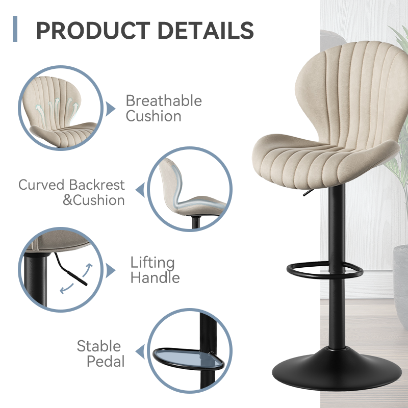 Modern Steady Height Adjustable Bar Stool Ergonomic Design Swivel Kitchen Counter Chair Soft Fabric Rebound Sponge Stainless (Set of 3)