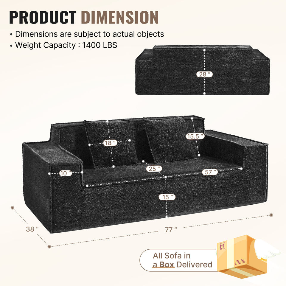 Modern Square Chenille Sofa Bed Set with Deep Seat Boneless Design Includes 2 Pillows-Living Room Bedroom Apartment