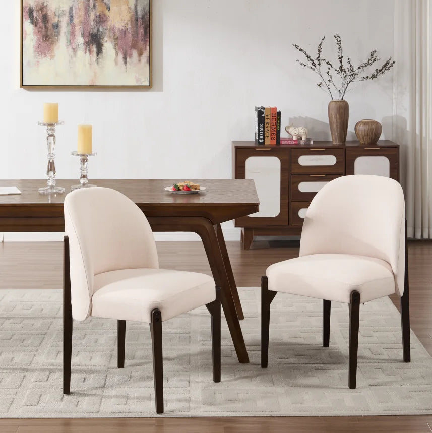 Stock Modern Upholstered Dining Chairs Set of 2 Beige Fabric with Solid Wood Legs Ergonomic Backrest for Kitchen Dining Room