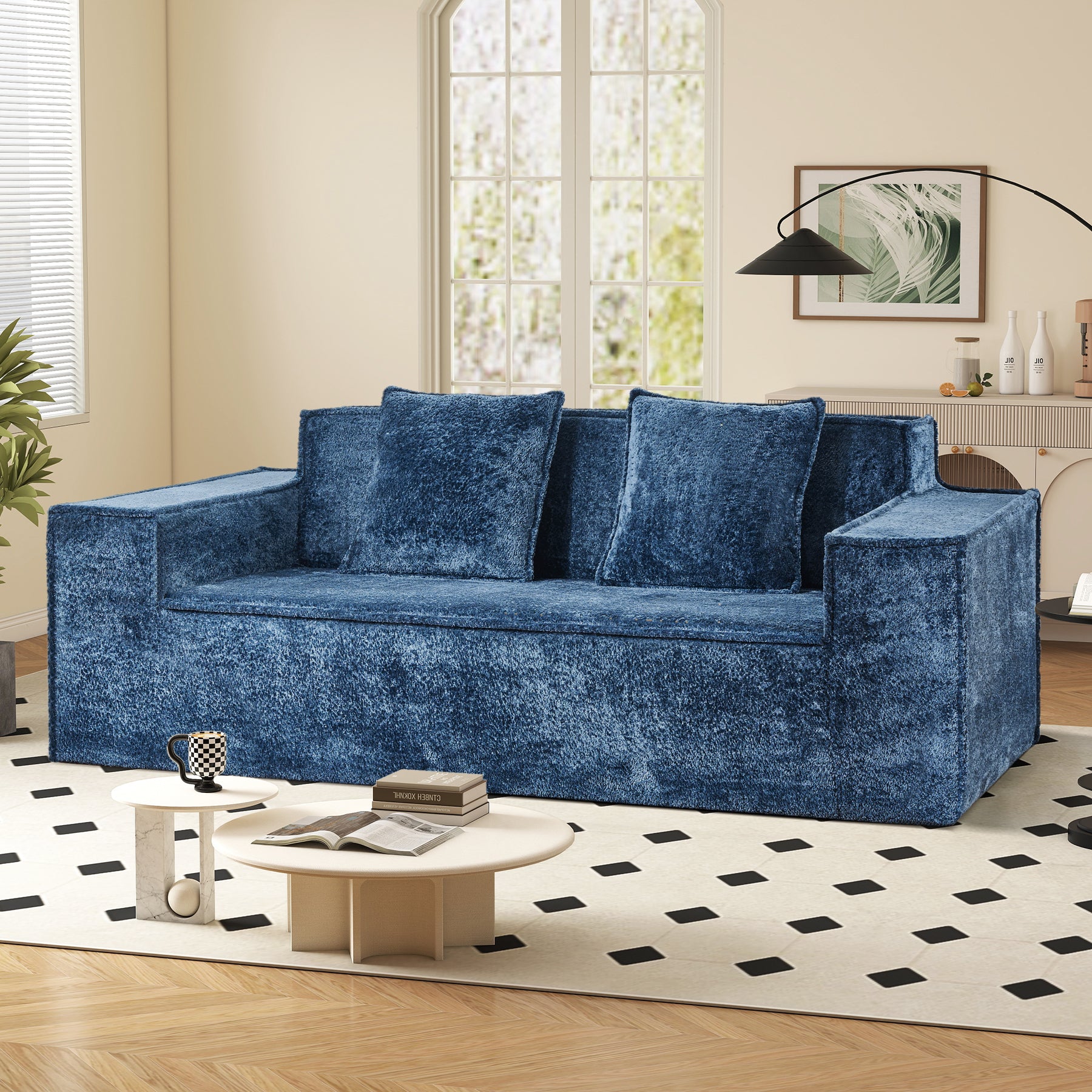 Modern Square Chenille Sofa Bed Set with Deep Seat Boneless Design Includes 2 Pillows-Living Room Bedroom Apartment