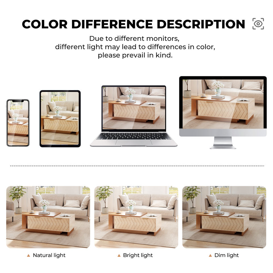 Modern Extendable Coffee Table Hidden Storage Two-Tone Wood Design Adjustable Length Eco-Friendly Handmade Living Room Furniture