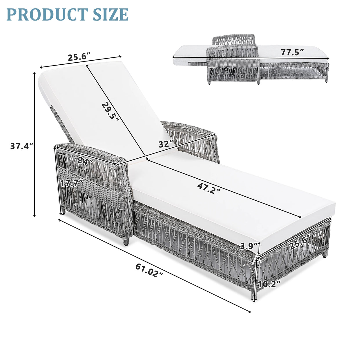 Wicker Reclining Outdoor Patio Chaise Lounger with Armrests
