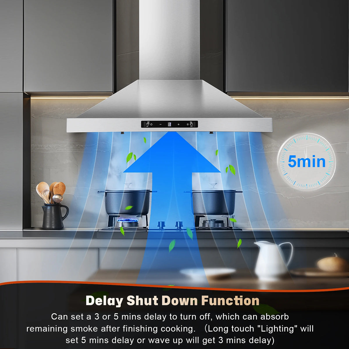 24 Inch Range Hood, Range Hood 450CFM, Wall Mount Kitchen Hood in Stainless Steel, Gesture Sensing & Touch Control 3 Speed Fan