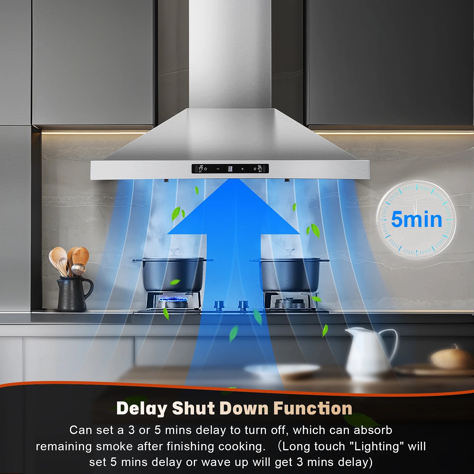 24 Inch Range Hood, Range Hood 450CFM, Wall Mount Kitchen Hood in Stainless Steel, Gesture Sensing & Touch Control 3 Speed Fan