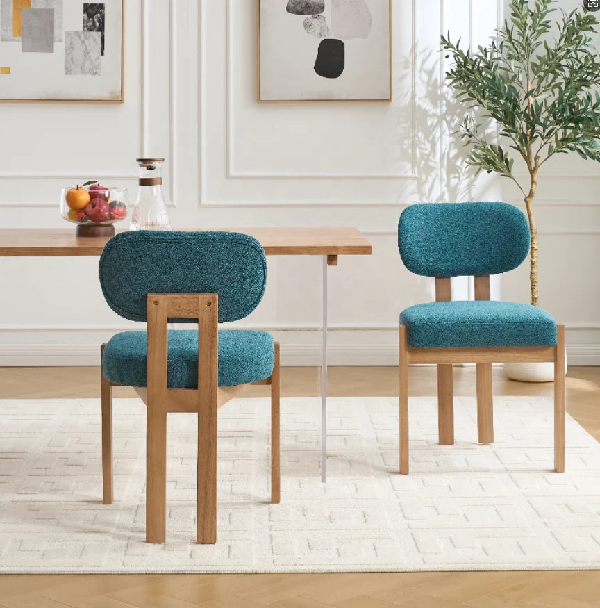 Modern Dining Room Chairs Set of 2, Minimalist Upholstered Chenile Fabric Kitchen Chair with Wooden Legs (Lake Blue/beige/grey)