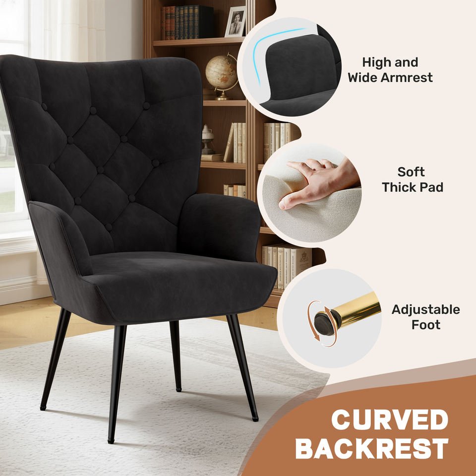 Mid Century Modern Velvet Convertible Accent Chair Durable Tufted Button Wing Back Metal Legs Living Room Home Apartment Dining