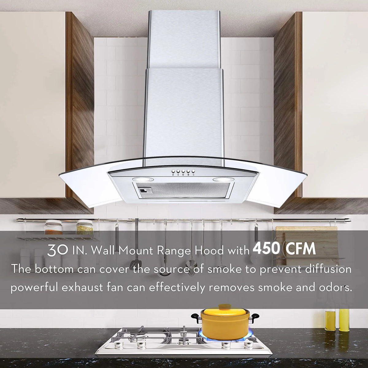 Range Hood 30 Inch, Tieasy Wall Mount Kitchen Hood , Stainless Steel Chimney and Aluminum Filters, LED Lights, 3 Speed Fan