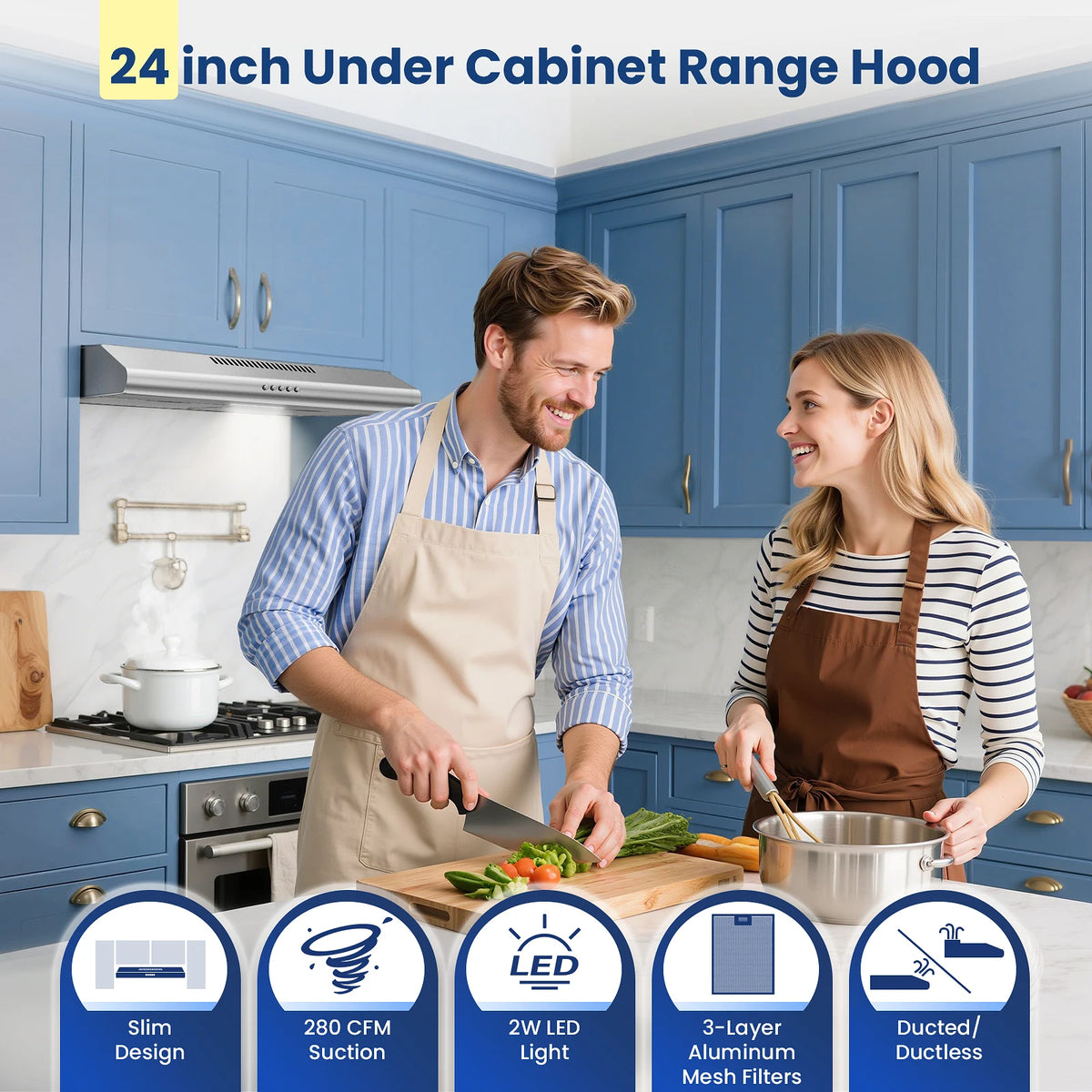 24 Inch Range Hood Under Cabinet, Stainless Steel Range Hood 280CFM, Slim Kitchen Stove Hood W/Push Button,LED and Carbon Filter