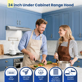 24 Inch Range Hood Under Cabinet, Stainless Steel Range Hood 280CFM, Slim Kitchen Stove Hood W/Push Button,LED and Carbon Filter