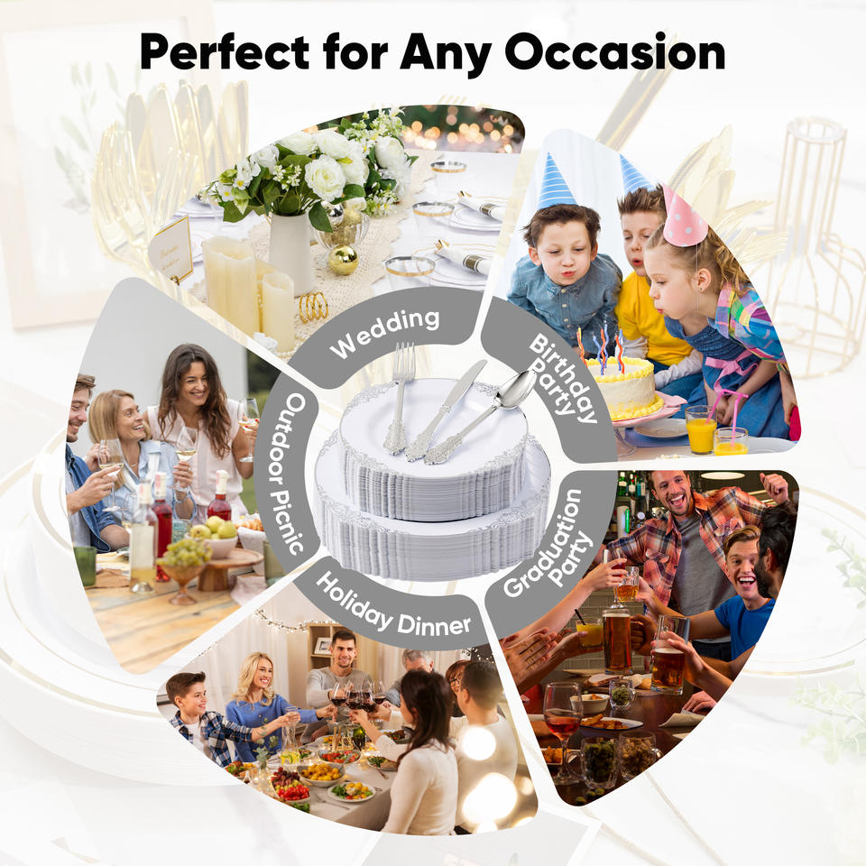 350PCS Disposable PET Dinnerware Set Tableware Kit Plates Cups Cutlery Napkins Gold Rim Freezer Safe BPA-Free Eco-Friendly