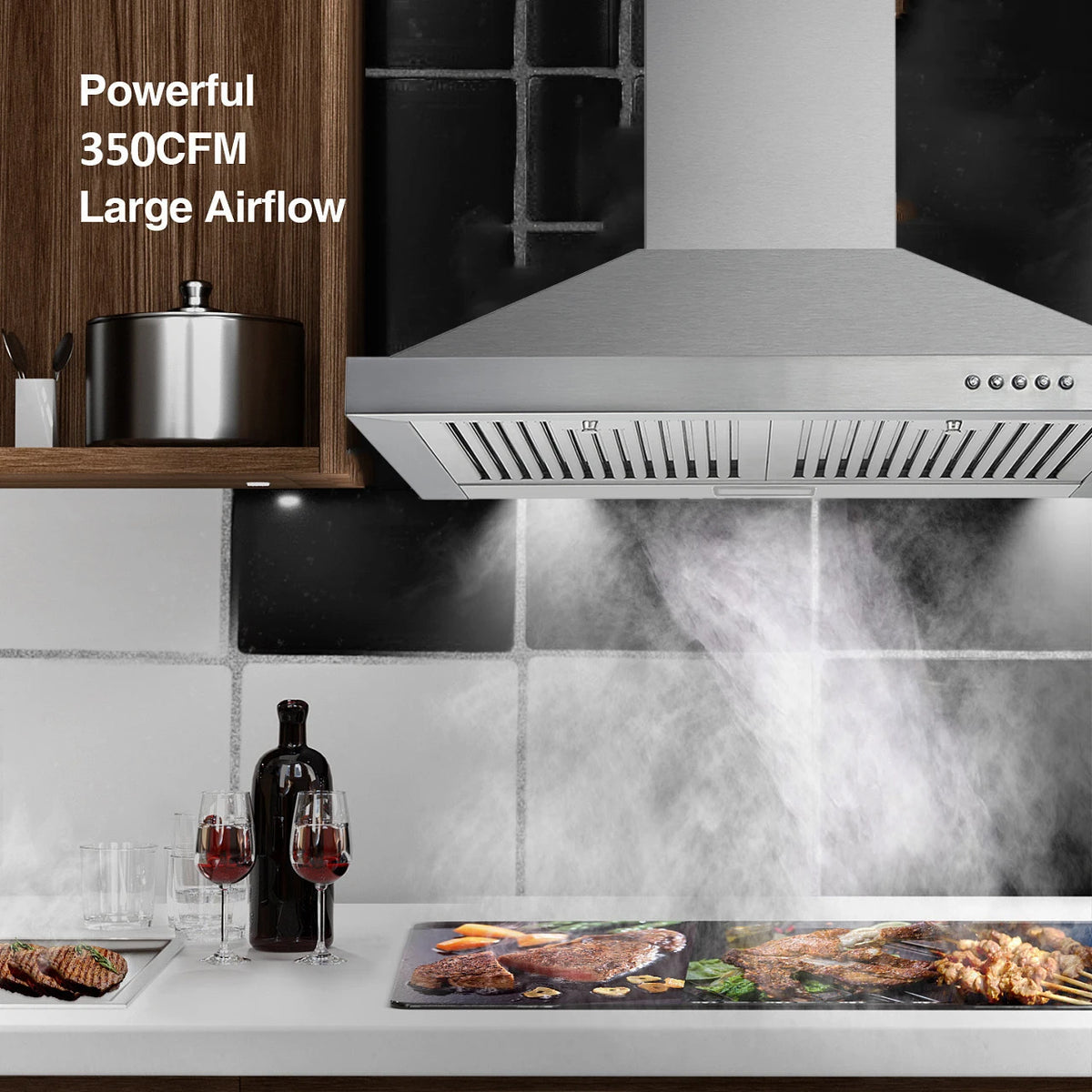 Range Hood, Range Hoods 30 Inch Stainless Steel, 450 CFM Kitchen Hood with LED Light Baffle Filters, 3 Speed Exhaust Fan